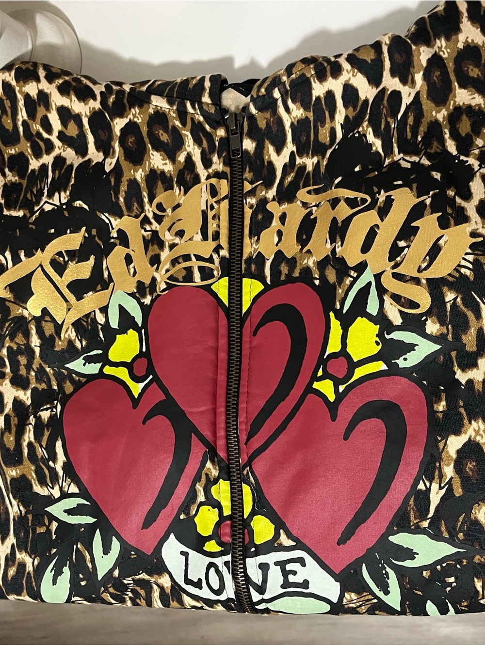 Ed Hardy Leopard Print Puffer Jacket with Red Heart Graphic women’s Medium